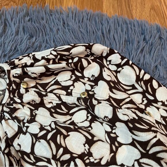 Ann Taylor Loft Brown White Floral Cotton Peasant Style Blouse Size L - Picture 4 of 8